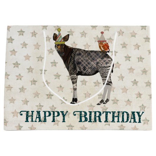 BIRTHDAY OKAPI & OWL LARGE CADEAUTASJE (Voorkant)
