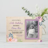 Birthday Paars Flower Photo Invitation  Kaart (Staand voorkant)