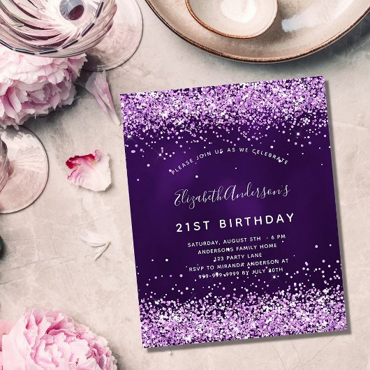 Birthday paars roze glitter budget uitnodiging flyer
