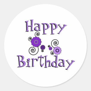 Birthday, paarse en zwarte bloemen, witte achtergr ronde sticker