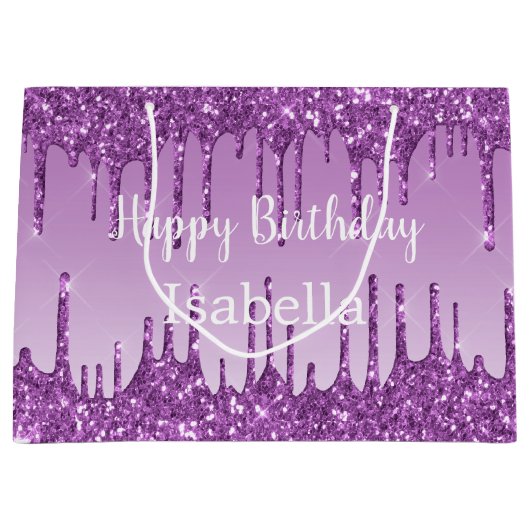 Birthday paarse glitter drift name groot cadeauzakje (Voorkant)