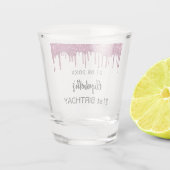 Birthday paarse glitter drift name shot glas (Achterkant)