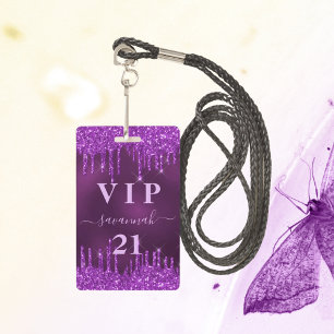 Birthday paarse glitter druist vip uitnodiging badge