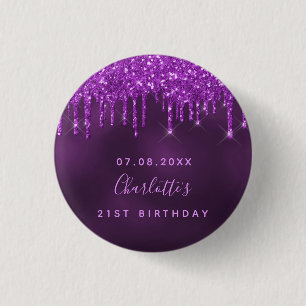 Birthday paarse glitter druppelt naamlabel op ronde button 3,2 cm