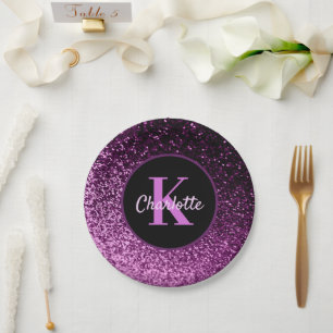 Birthday paarse roze glitter monogram luxe papieren bordje