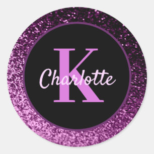 Birthday paarse roze glitter monogram luxe ronde sticker