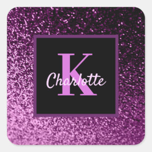 Birthday paarse roze glitter monogram luxe vierkante sticker