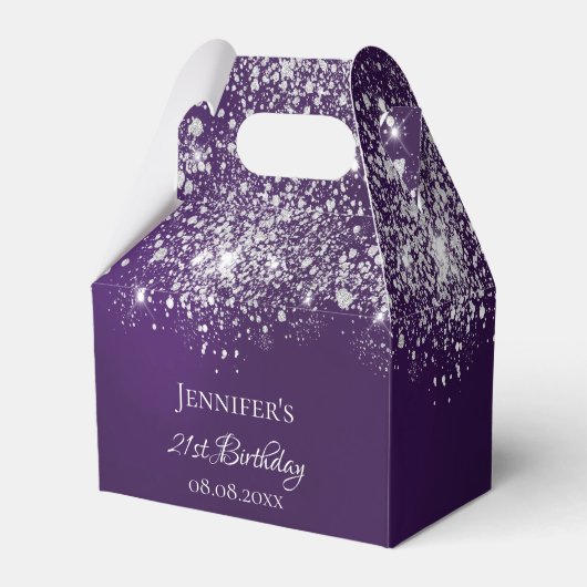 Birthday paarse zilverglitter naam bedankt bedankdoosjes (Voorkant Zijde)