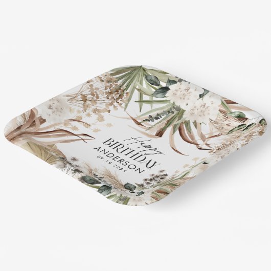 Birthday pampas eucalyptus modern boho papieren bordje (Gebogen)