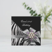 Birthday Party 21st Zebra Black Silver Bow Kaart (Staand voorkant)
