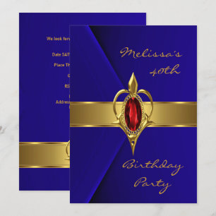 Birthday Party 40th Blue Faux Velvet Red Gem Kaart