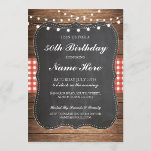 Birthday Party 40th Check Rustic Wood Invite Kaart