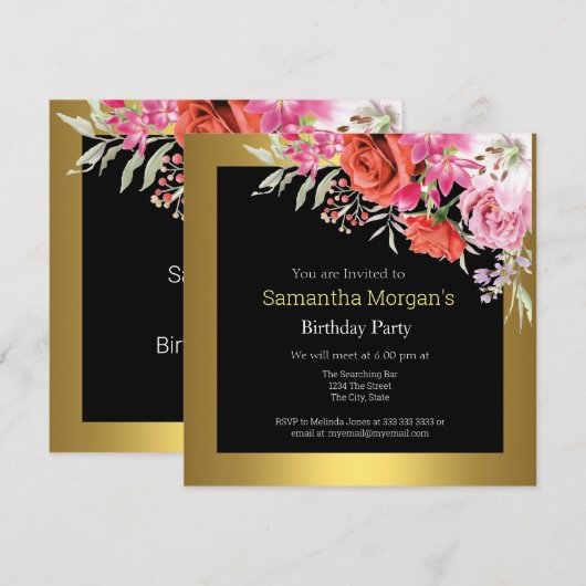 Birthday Party Any Age Flowers Invision Kaart (Voorkant / Achterkant)