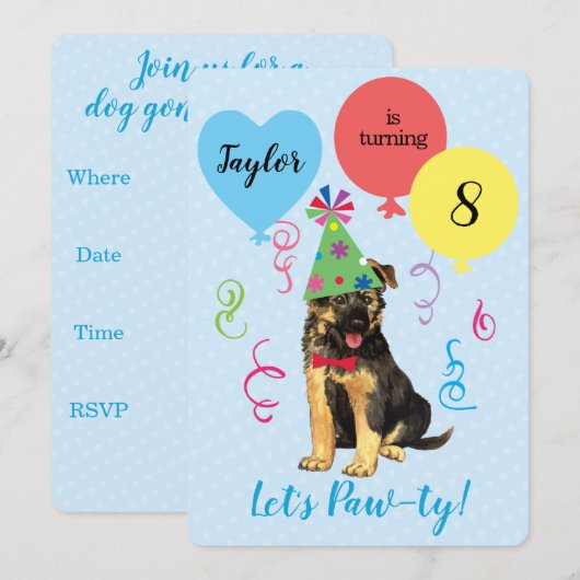 Birthday Party Balloons German Shepherd Invitation Kaart (Voorkant / Achterkant)