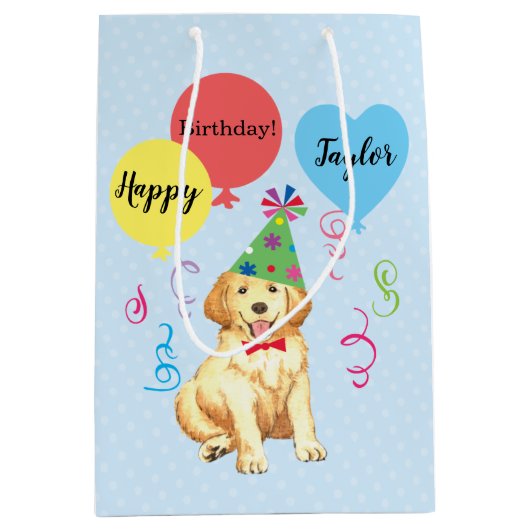 Birthday Party Balloons Golden Retriever Medium Cadeauzakje (Voorkant)