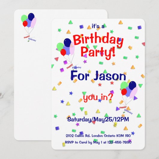 Birthday Party Balloons Invitation (Devant / Derrière)