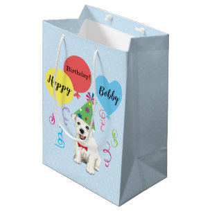 Birthday Party Balloons Westie Medium Gift Bag Cadeauzakje