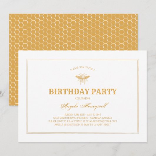 Birthday Party Bee and Honeycomb Kaart (Voorkant / Achterkant)