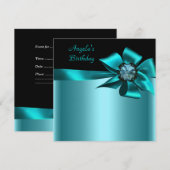 Birthday Party Black Blauwgroen Blue Bow Kaart (Voorkant / Achterkant)