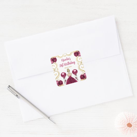 Birthday Party Blonde Princess in Burgundy Red Vierkante Sticker (Envelop)
