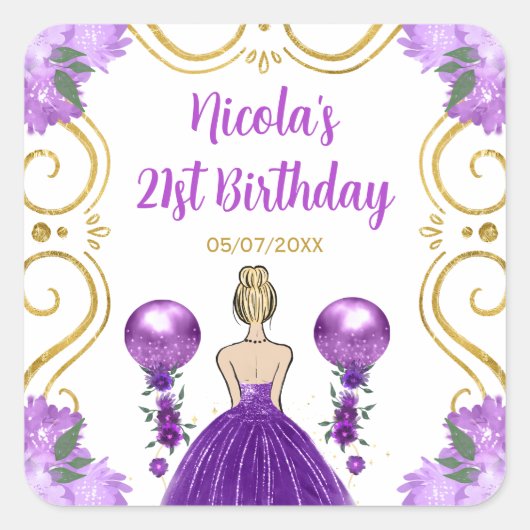 Birthday Party Blonde Princess in Purple Vierkante Sticker (Voorkant)