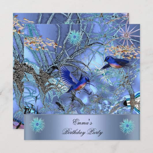 Birthday Party Blue Birds Enchanted Kaart (Voorkant / Achterkant)
