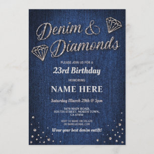 Birthday Party Blue Denim Silver Glitter Diamond Kaart