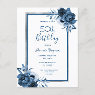 Birthday Party blue florals white call Briefkaart