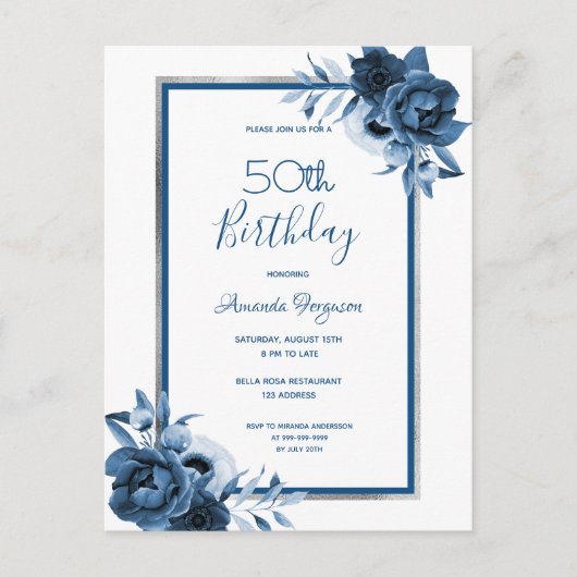 Birthday Party blue florals white call Briefkaart (Voorkant)
