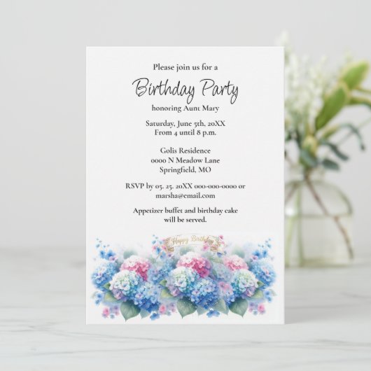 Birthday Party Blue Hydrangea Flower Invitation (Debout devant)