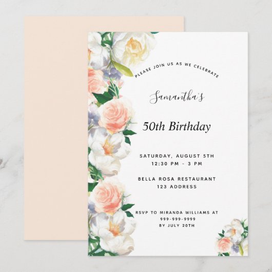 Birthday party blush roze florals white kaart (Voorkant / Achterkant)