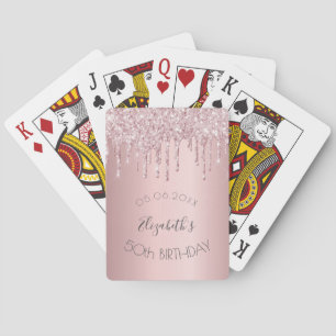 Birthday party blush roze glitter druppelt monogra pokerkaarten