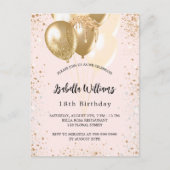 Birthday party blush roze goudballonnen uitnodiging briefkaart (Voorkant)