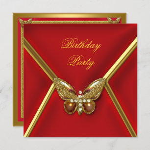 Birthday Party Butterfly Deep Red Gold Afbeelding Kaart