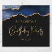 Birthday Party Chic Agate Geode Blue Gold Sparkling Wijnetiket (Enkel label)