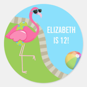 Birthday Party Cool Pink Flamingo Summer Pool Ronde Sticker