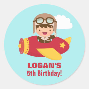 Birthday Party Cute Aviator Boy Ronde Sticker