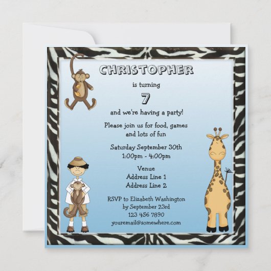 Birthday Party Cute Safari Animals Kaart (Achterkant)