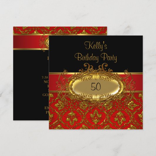 Birthday Party Damask Black Red Gold Kaart (Voorkant / Achterkant)