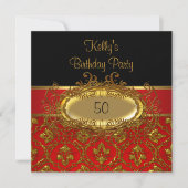 Birthday Party Damask Black Red Gold Kaart (Voorkant)