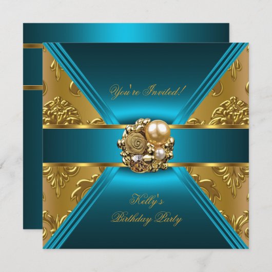 Birthday Party Damask Blauwgroen Blue Gold Invite Kaart (Voorkant / Achterkant)