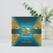 Birthday Party Damask Blauwgroen Blue Gold Invite Kaart (Staand voorkant)