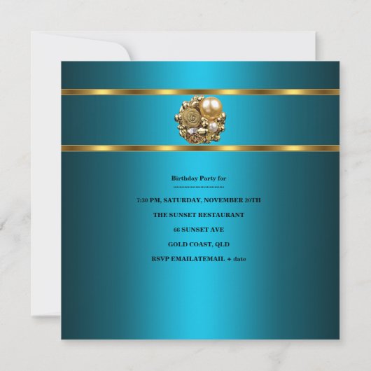 Birthday Party Damask Blauwgroen Blue Gold Invite Kaart (Achterkant)