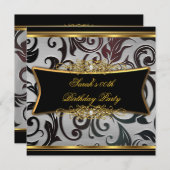 Birthday Party Damask Floral Black Gold White Kaart (Voorkant / Achterkant)