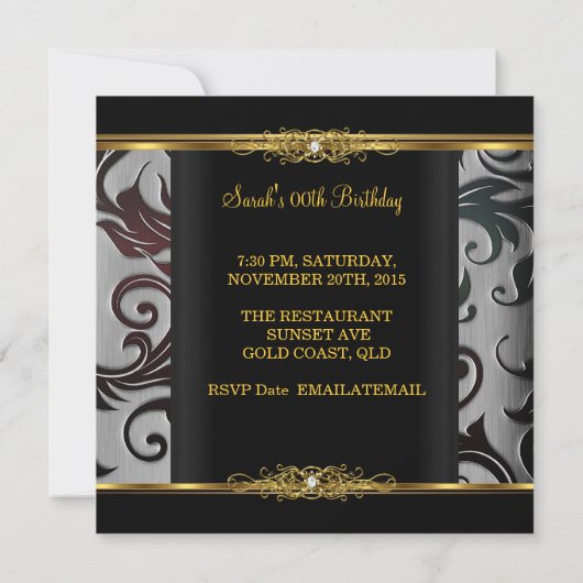 Birthday Party Damask Floral Black Gold White Kaart (Achterkant)