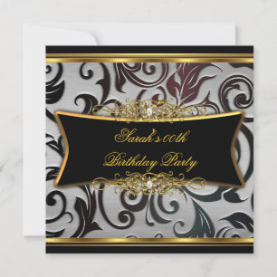 Birthday Party Damask Floral Black Gold White Kaart