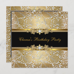 Birthday Party Damask Gold Black White Diamond Kaart