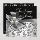 Birthday Party Damask Pearl Silver White Black Kaart (Voorkant / Achterkant)