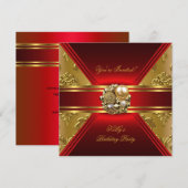 Birthday Party Damask Red Gold Invite Kaart (Voorkant / Achterkant)