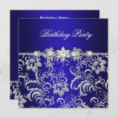 Birthday Party Dark Blue Floral Damask Silver Kaart (Voorkant / Achterkant)